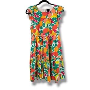J. Crew Womens Size 4 Fruit Print Ruffle Sleeve Tiered Midi‎ Dress Linen Blend